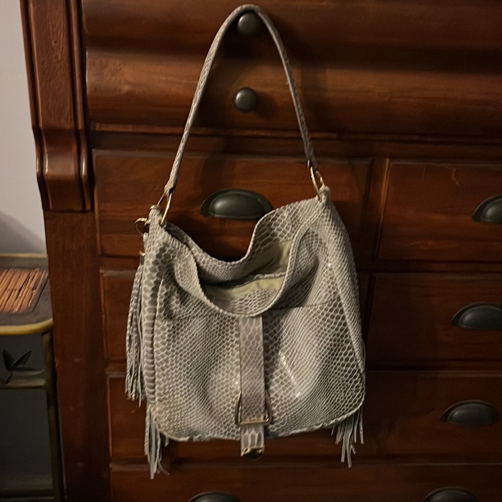 GILI gray snake leather hobo bag with fringe accents